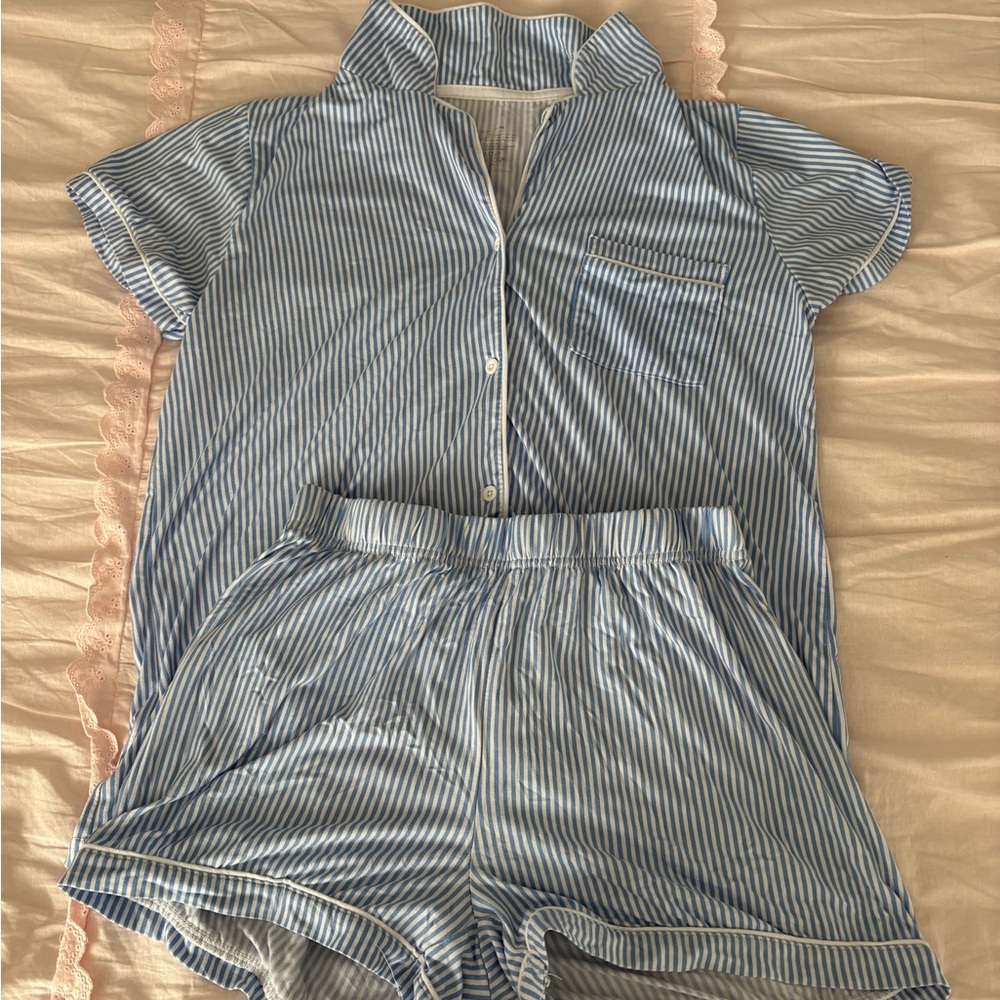 Blue Striped Short Sleeve Pajama Set